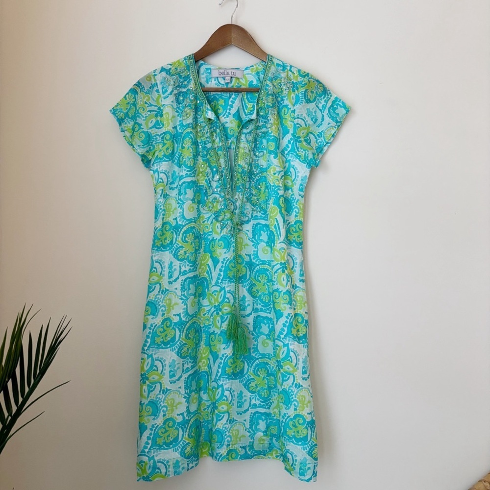 Bella Tu Beaded Short Sleeve Ikat Print Dress XS Summer Resortwear